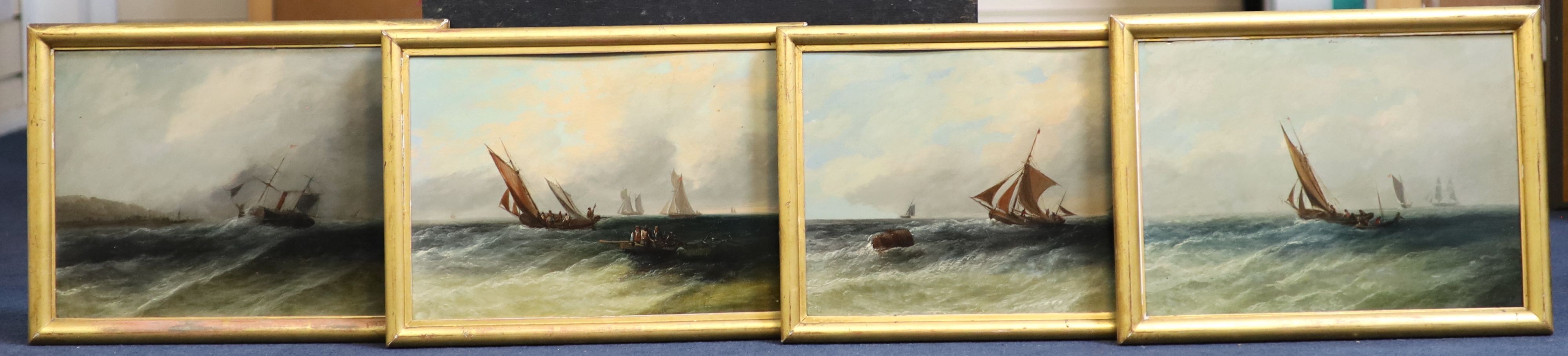 19th century English School , Fishing boats and other shipping off the coast, set of four oils on mill board, 24 x 34cm